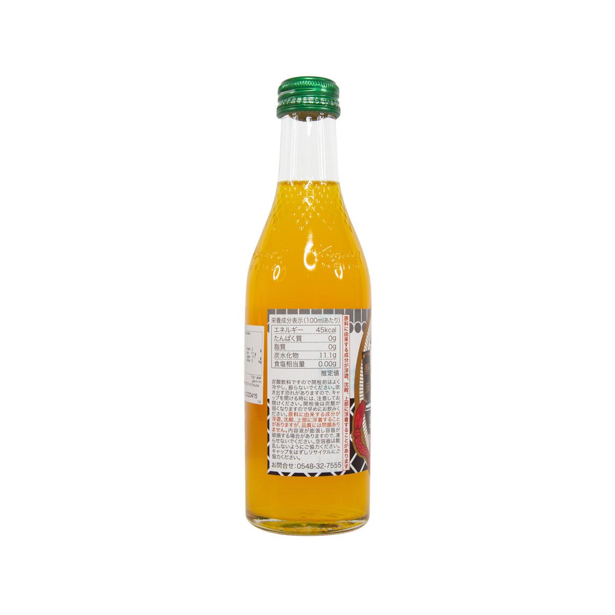 Sparkling mikan drink bottle, back label view with green cap and yellow liquid