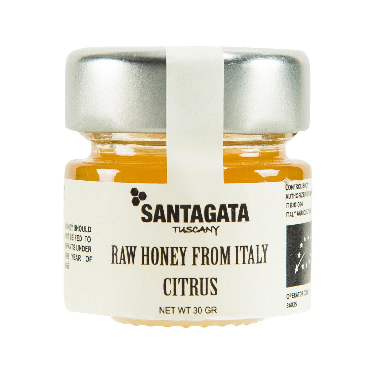 Raw citrus honey jar with SANTAGATA label and metallic cap