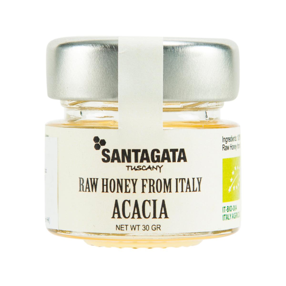 Organic raw acacia honey jar with SANTAGATA label, net wt 30 g