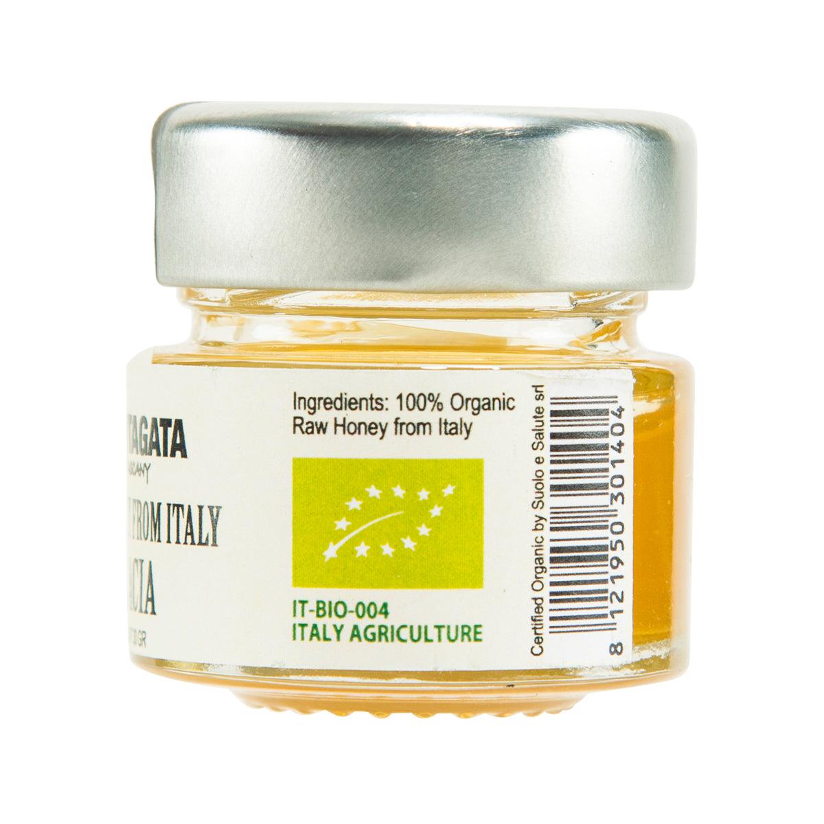 Organic raw honey jar back label with ingredients, barcode, IT-BIO-004