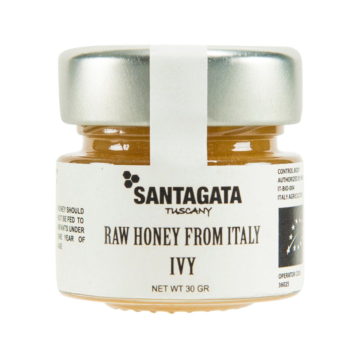Raw ivy honey jar with silver lid and front label, 30 g net wt