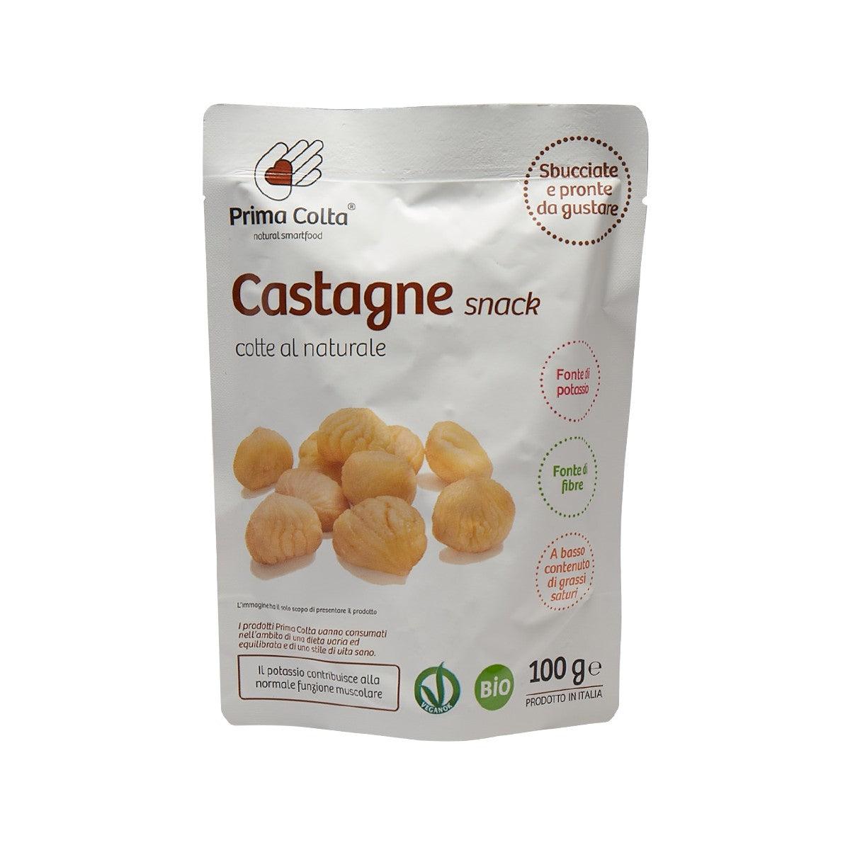 Organic chestnut snack pouch with chestnut illustrations, 100 g