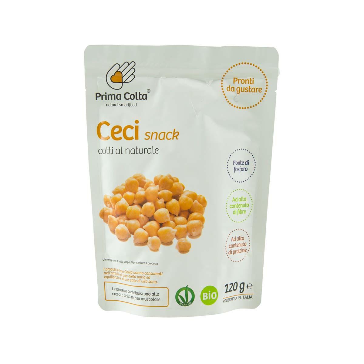 PRIMA COLTA organic chickpea snack pouch with printed chickpeas, 120 g
