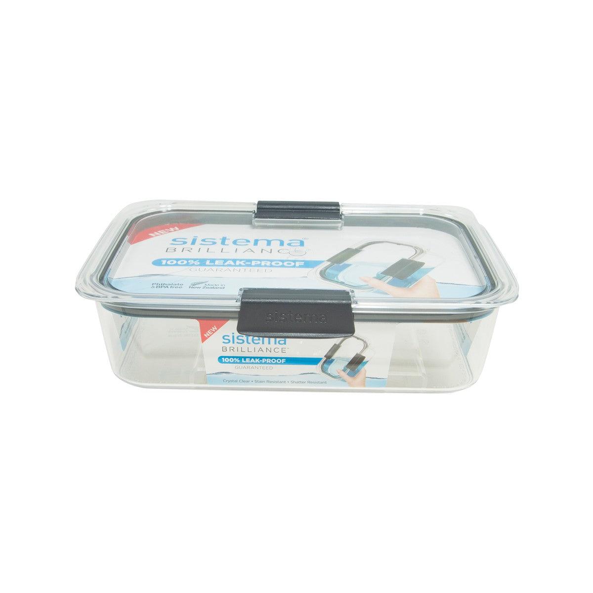 Rectangular glass-like 2L food container with clear lid and black locking tab