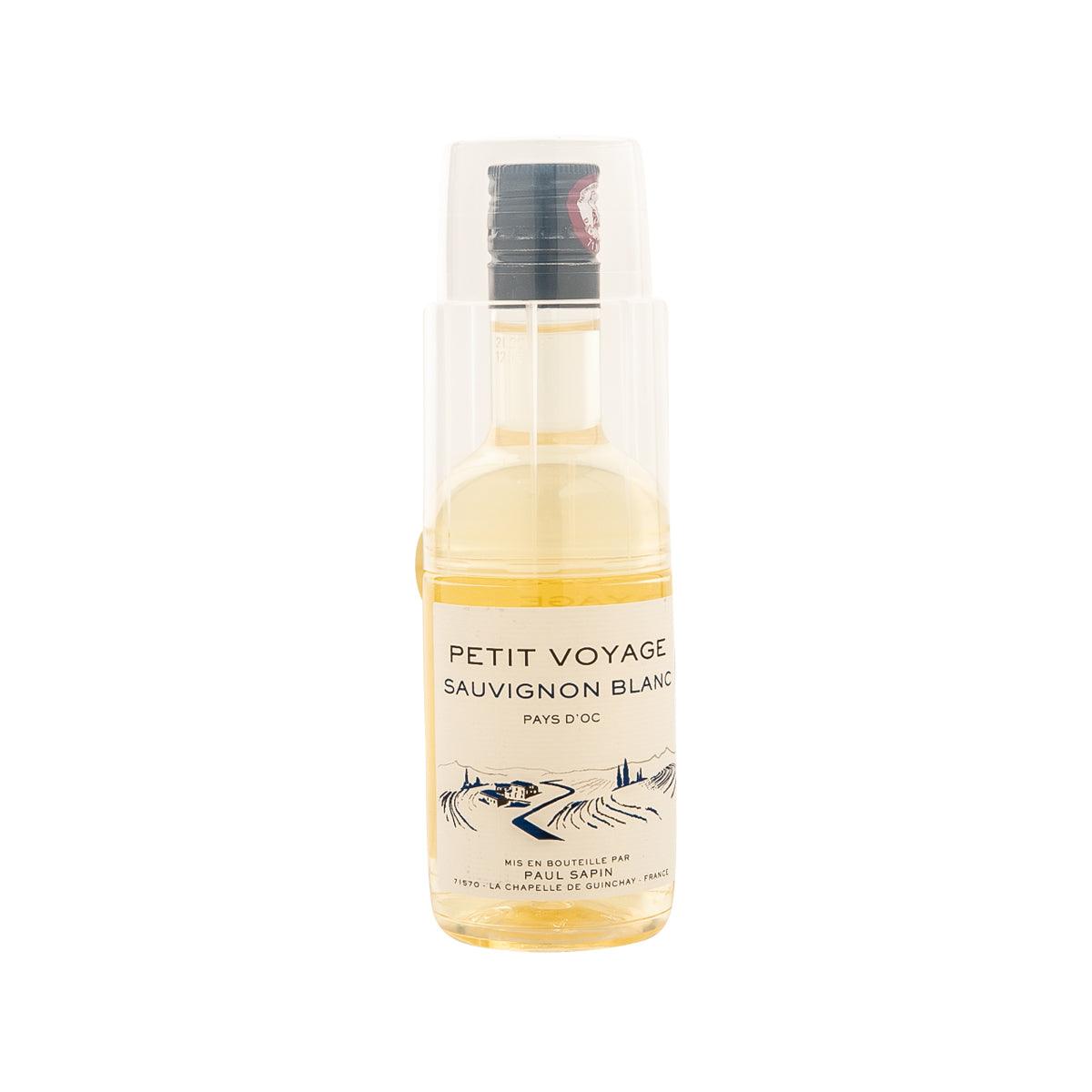 Petit Voyage Sauvignon Blanc mini wine bottle with pale yellow liquid and foil neck