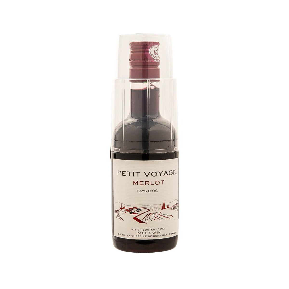 PETIT VOYAGE Merlot wine bottle, 187 mL glass with label and foil neck.