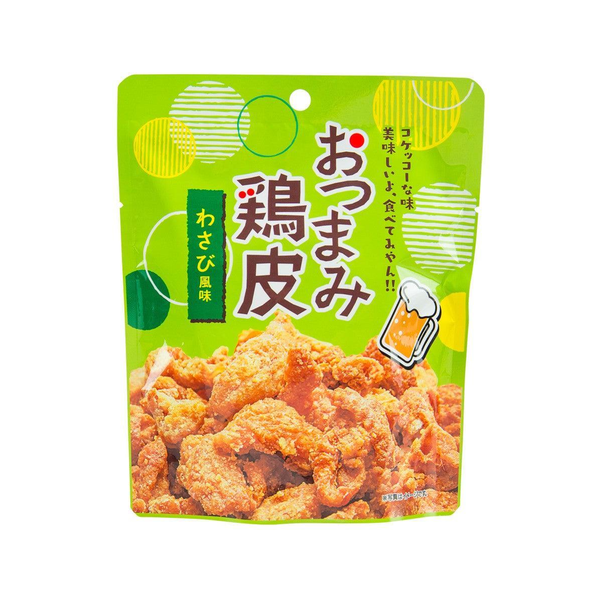 Wasabi chicken skin snack bag with orange fried pieces, green packaging, 50g