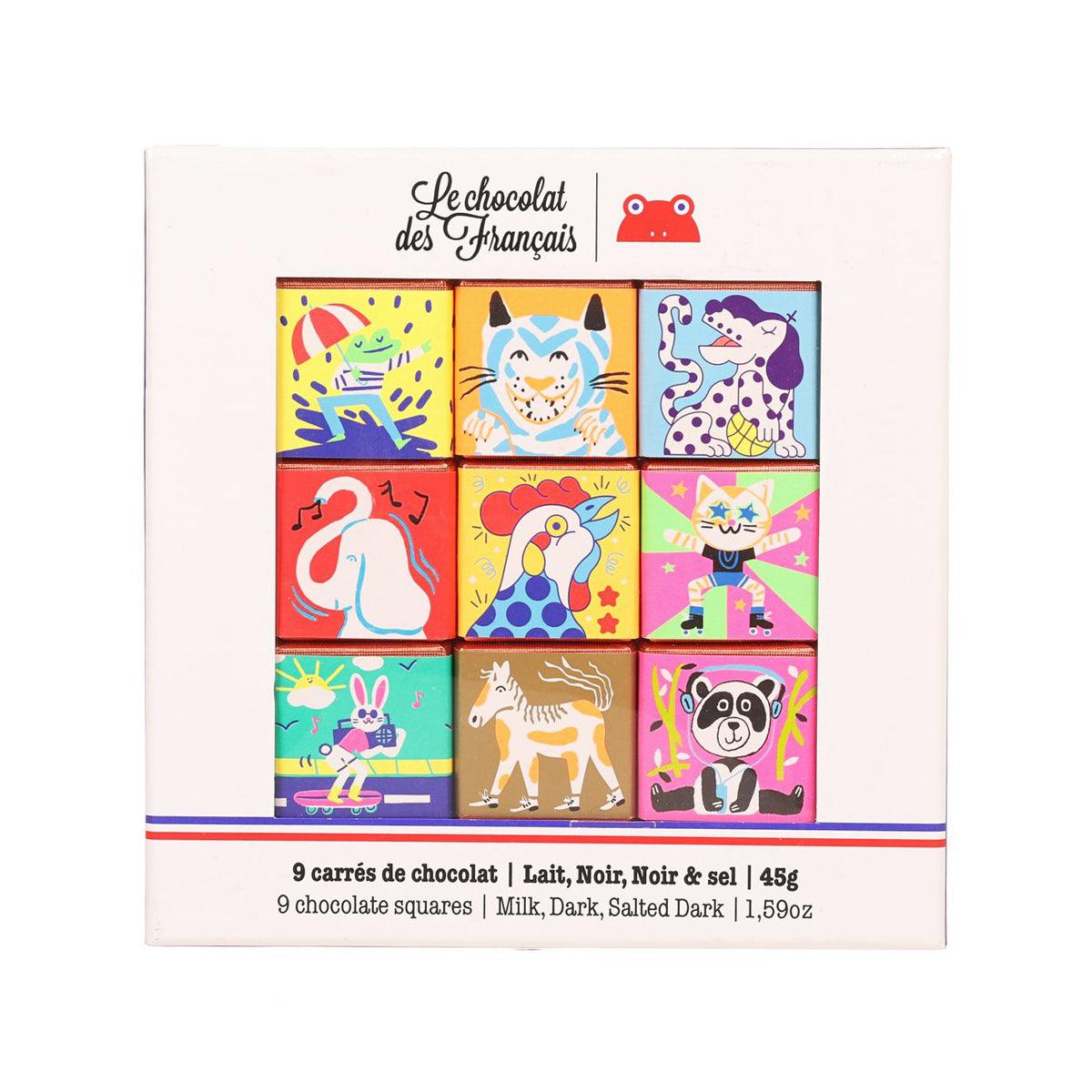 Assorted organic chocolate squares gift box with colorful animal-patterned chocolate squares