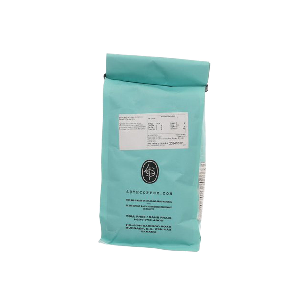 Teal coffee bag, back with nutrition facts panel and 49TH PARALLEL seal