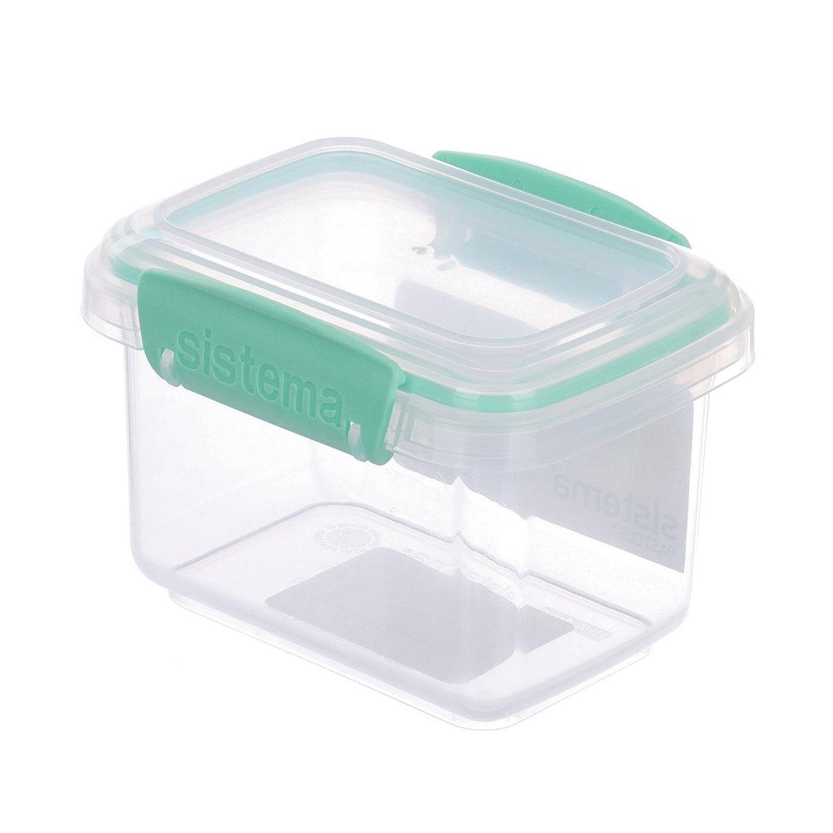 Rectangular food storage box with clear body and mint-green clip lid, 400 mL