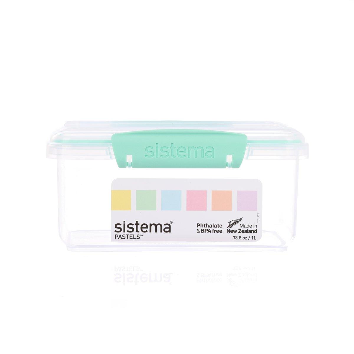 1L rectangular food storage box with mint-green lid, clear plastic, pastel accents