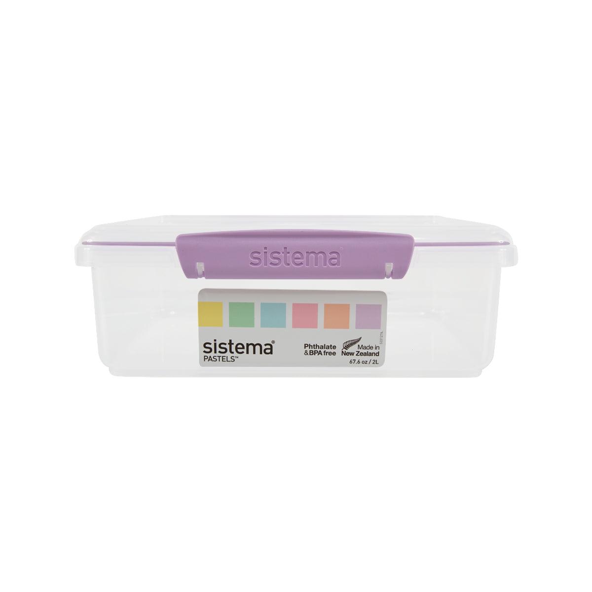 Rectangular plastic food storage box with purple lid and pastel color label, 2L