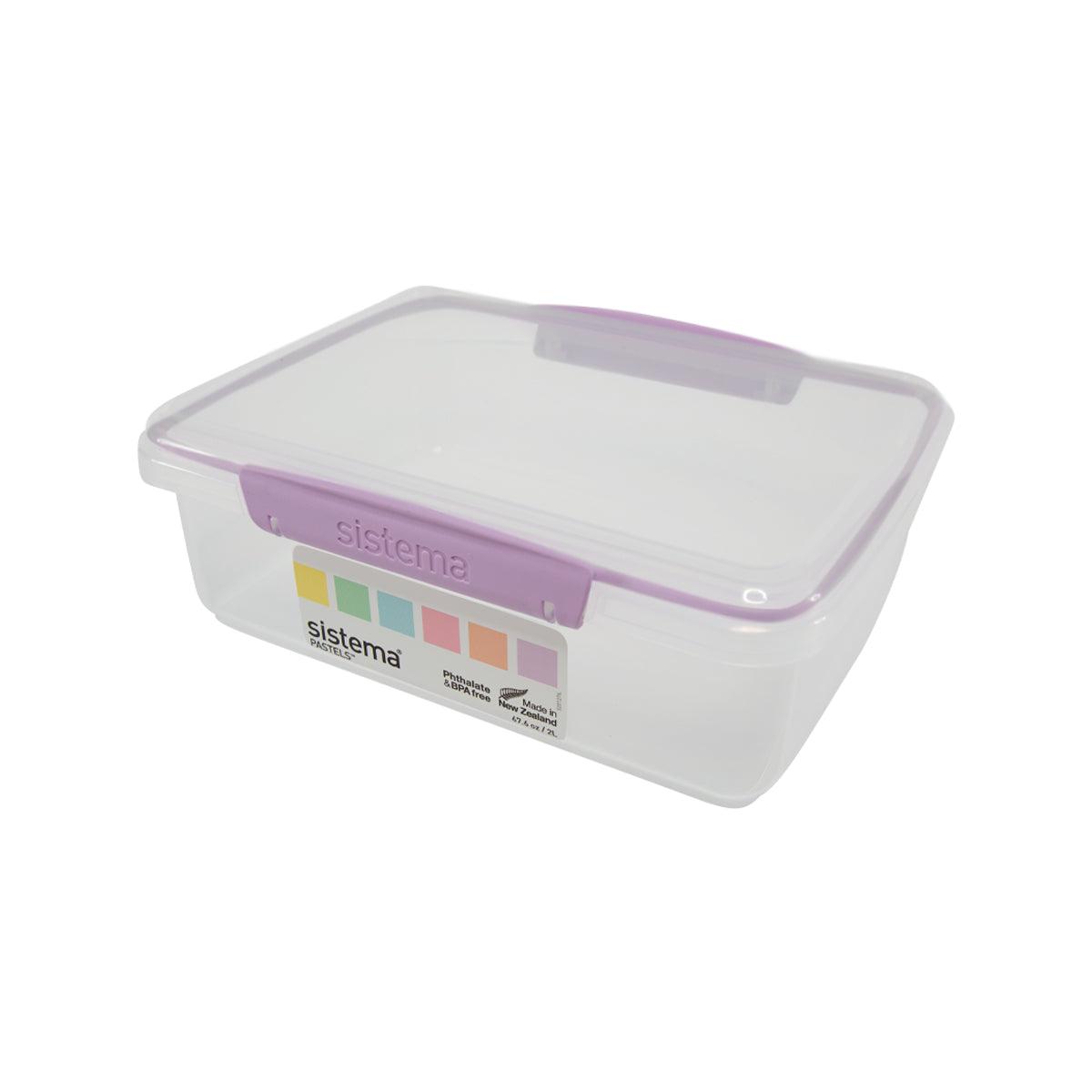 Rectangular clear plastic storage box with purple snap lid and pastel label
