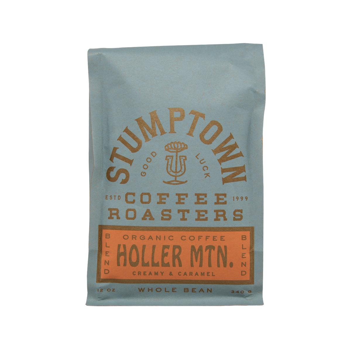 STUMPTOWN organic whole coffee bean bag, gray-blue with Holler Mountain label