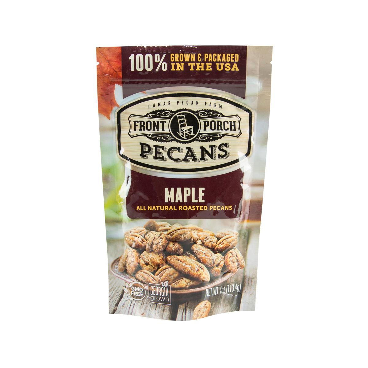 FRONT PORCH maple roasted pecans snack bag, front label view