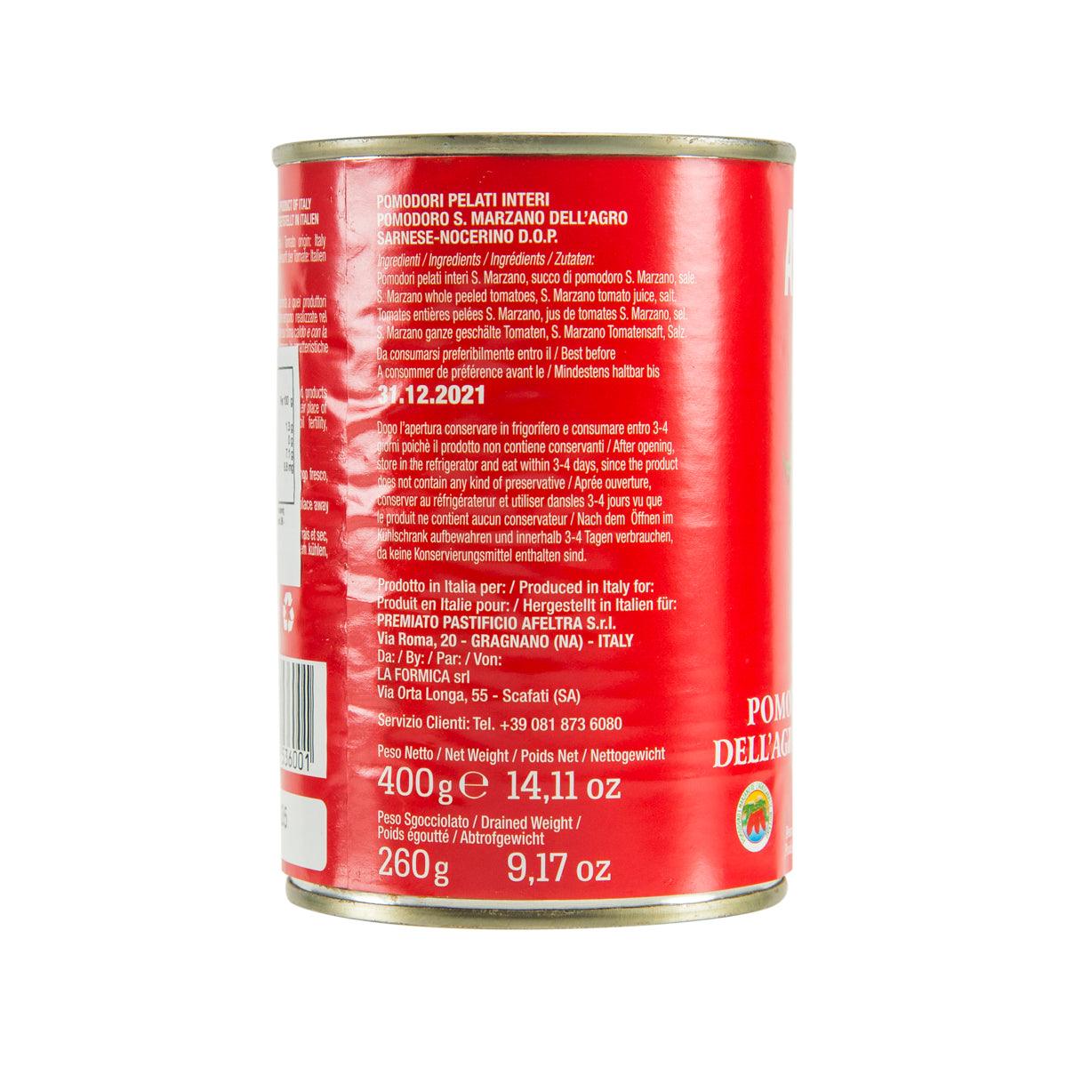 Canned peeled whole San Marzano tomatoes, 400 g can with back label text