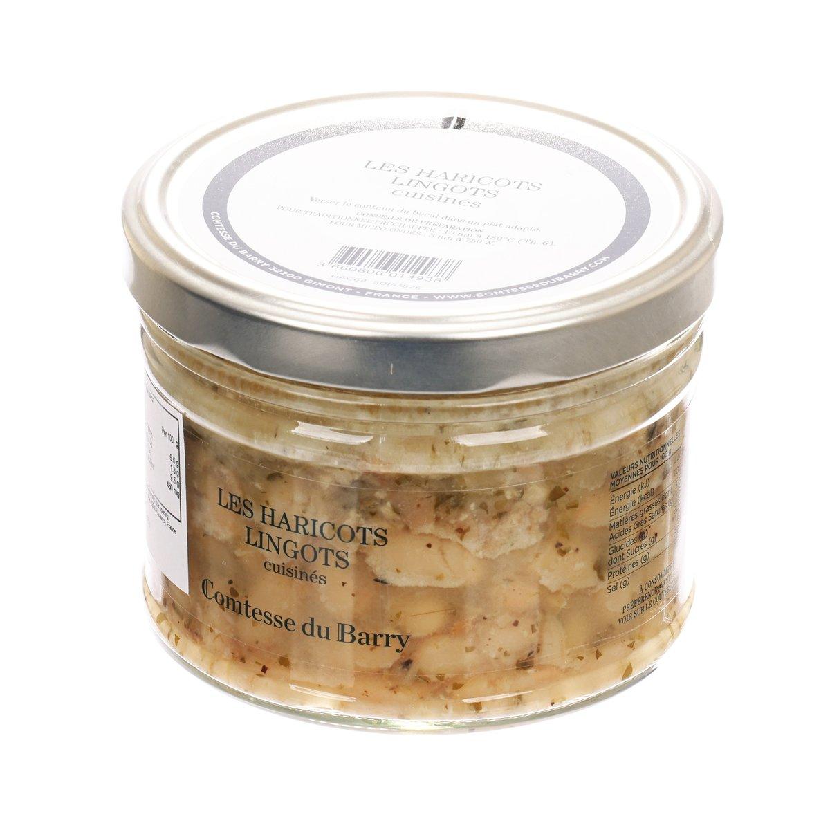 Jar of cooked haricot beans with silver lid and circular top label, 350g