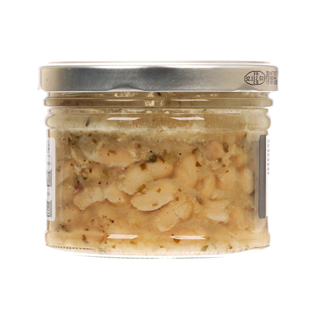 Jar of cooked haricot beans with back label and metal lid, 350g
