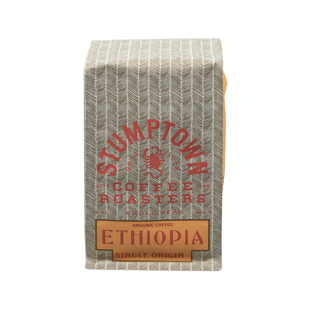 Whole coffee bean bag, front label says Ethiopia, single origin