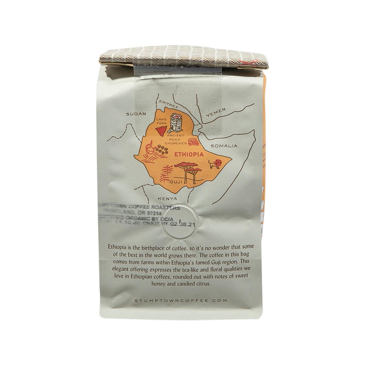 Whole coffee bean bag, back panel with Ethiopia map and tasting notes