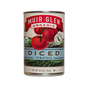 Organic diced tomatoes can with MUIR GLEN label and red tomato artwork