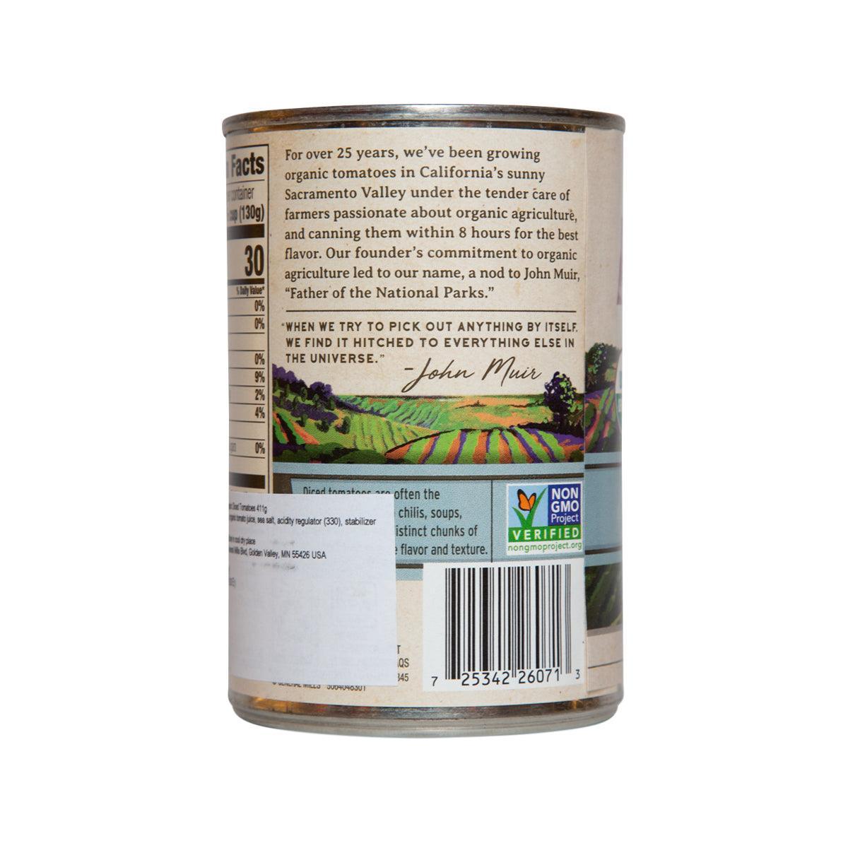 Organic diced tomatoes can back label with usage, claims, and barcode