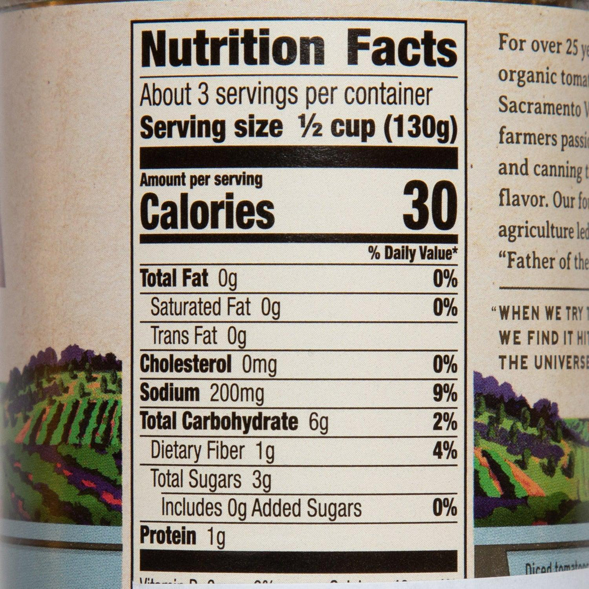 Organic diced tomatoes can Nutrition Facts label with calories and nutrients