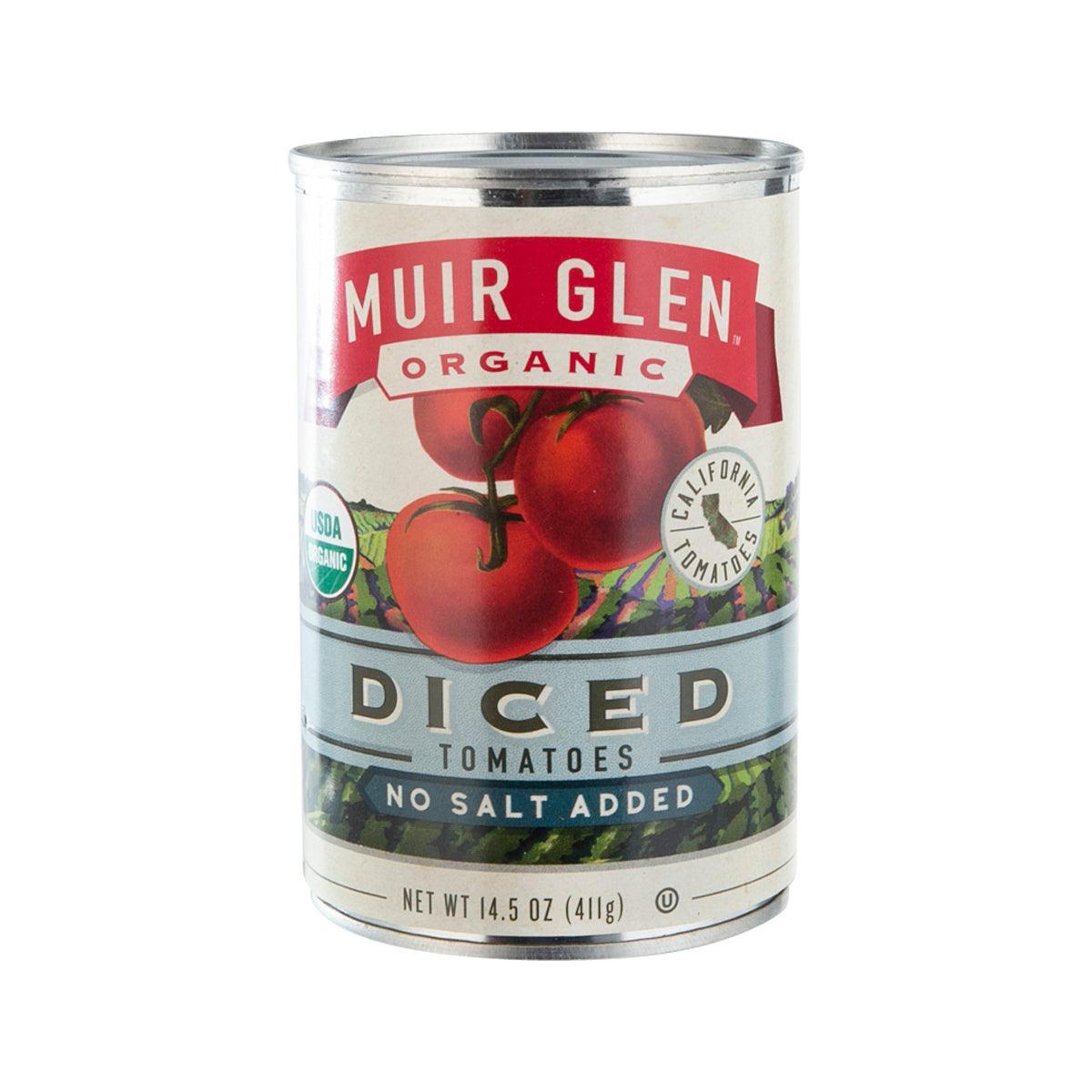 MUIR GLEN organic diced tomatoes can, no salt added label on front, 411g