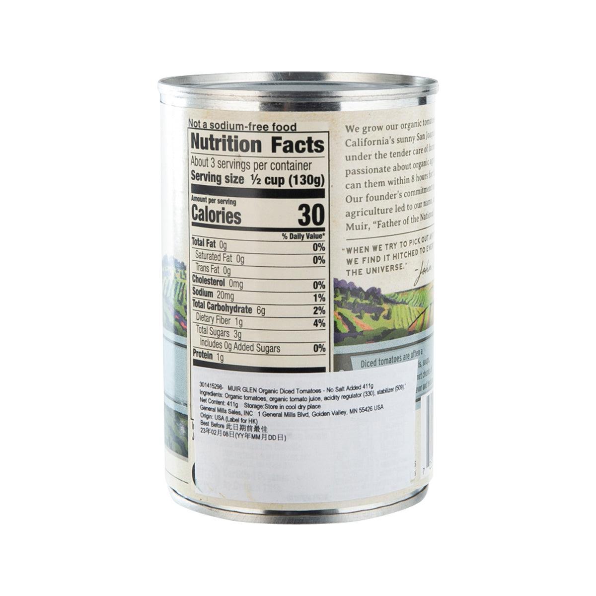 MUIR GLEN organic diced tomatoes can, back label with nutrition facts and directions