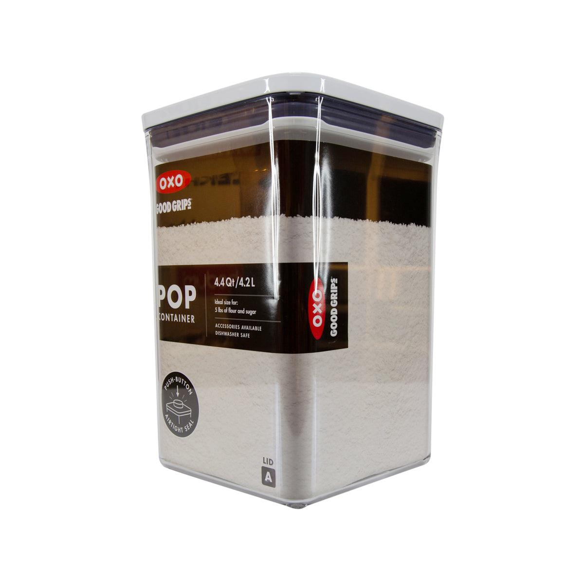 OXO POP square food container with clear lid, gray base, Good Grips label