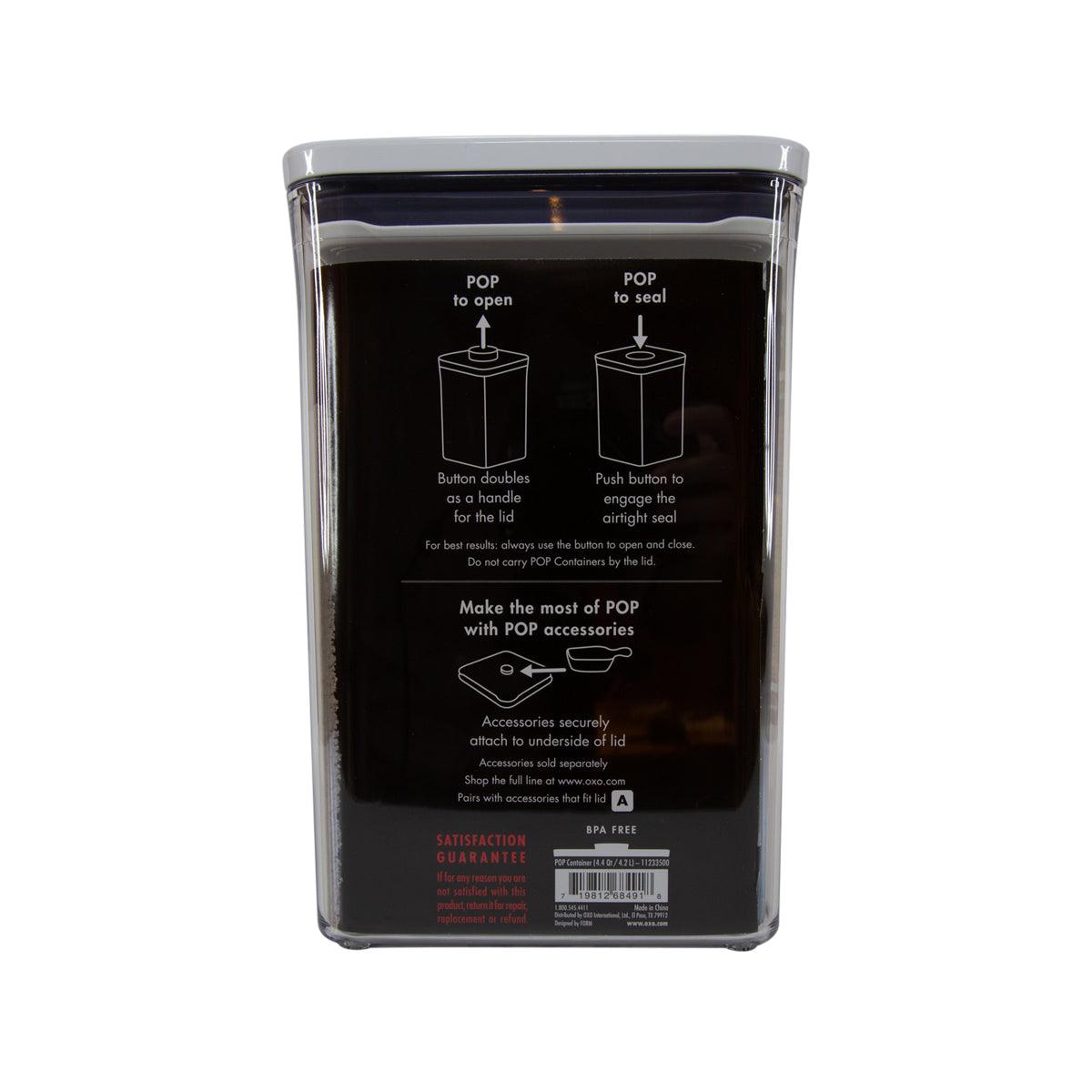 OXO POP square container back view with clear lid and printed usage instructions