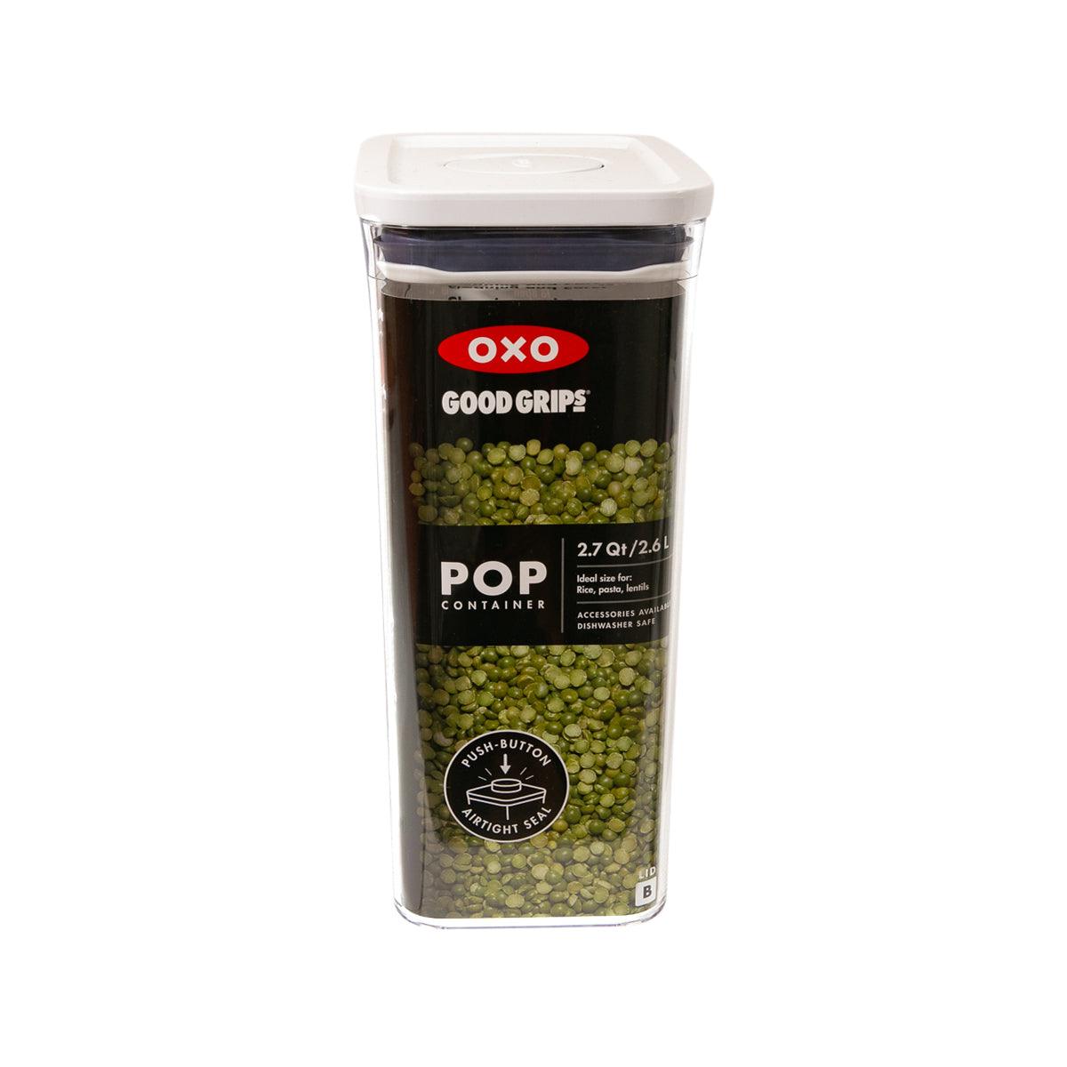 OXO Good Grips POP 2.7QT container, clear body with white lid, green contents