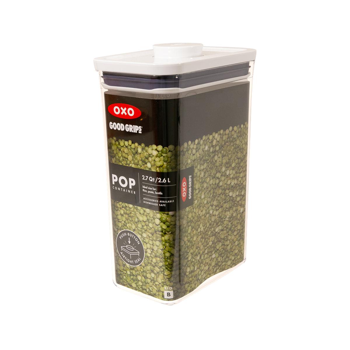 OXO POP 2.7QT rectangle container, clear walls, white lid, green peas inside