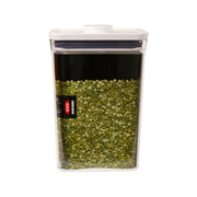 OXO POP rectangle food container, clear body with white lid, filled with green peas