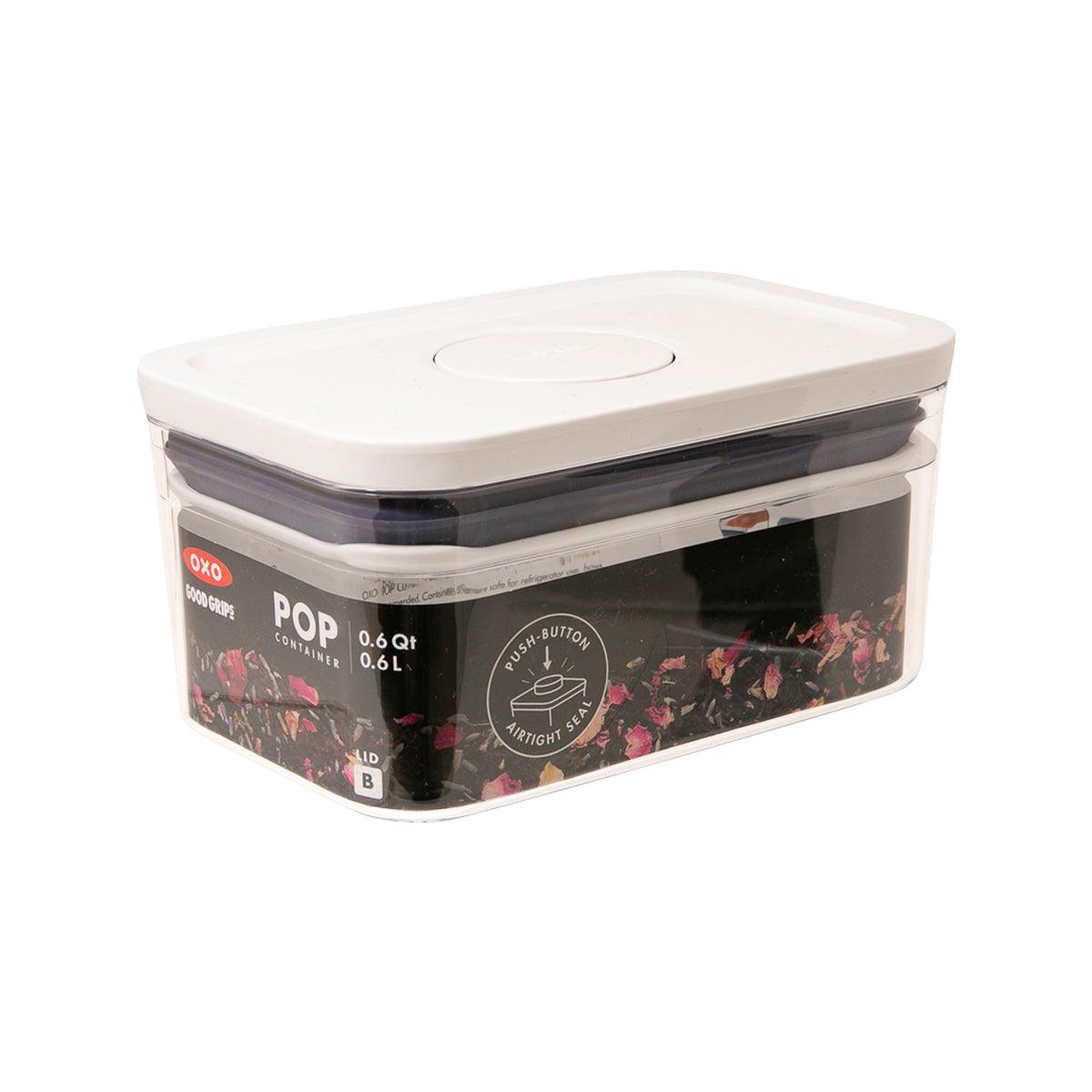 OXO POP rectangular food container, 0.6 qt, white lid, clear box with black base