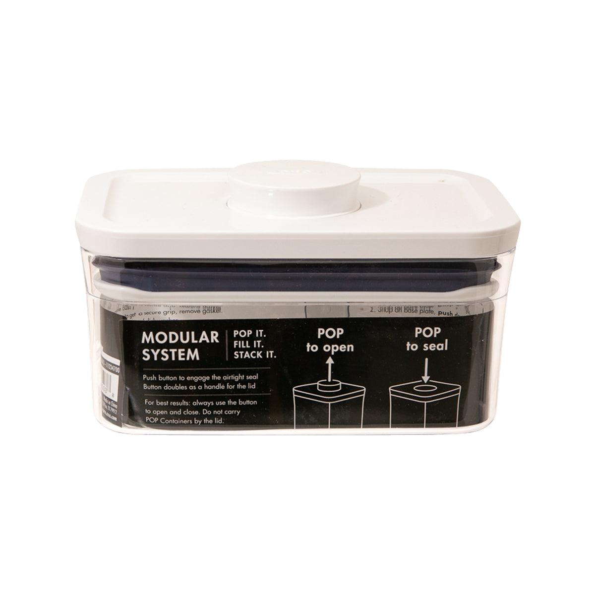 OXO POP rectangular food container, 0.6 qt, white lid, clear base with back label