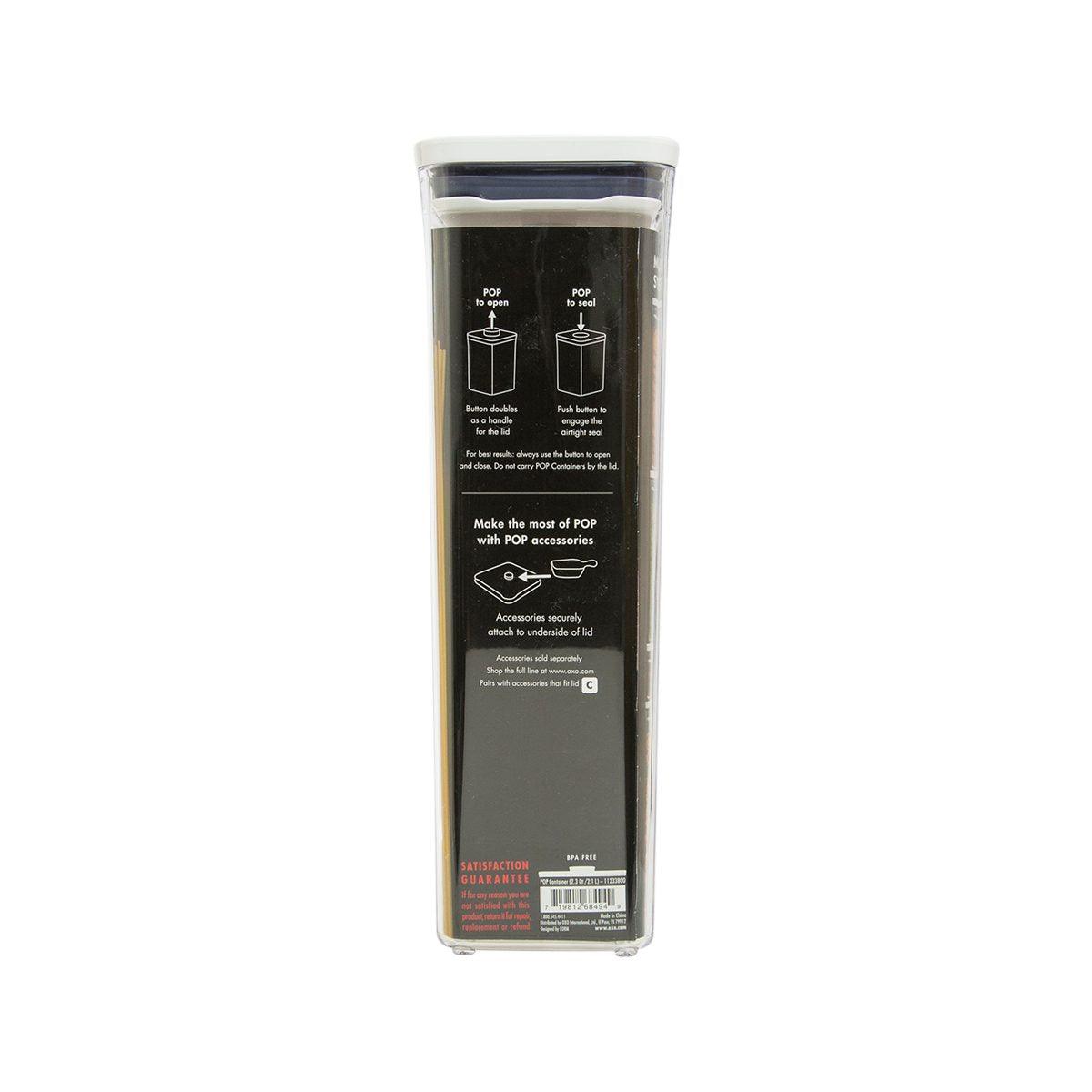 Small square OXO POP container with clear body and black label on the back