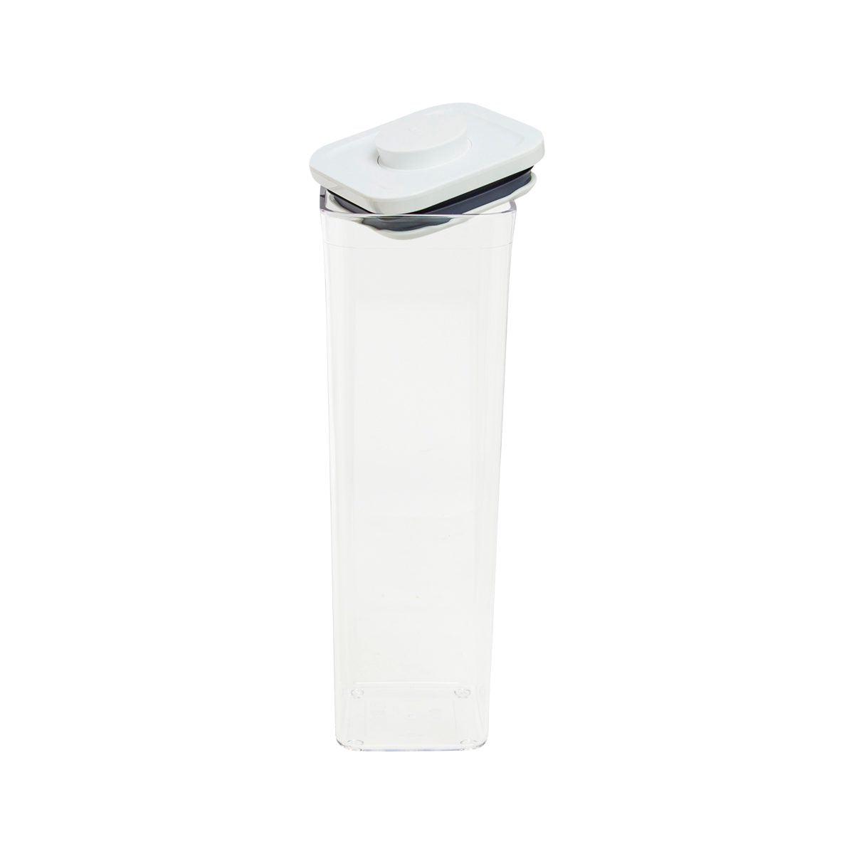 Small square OXO POP container with white snap lid and clear container body