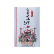 Seven Lucky Gods candy pack: illustrated boat of characters on white with red stripe.