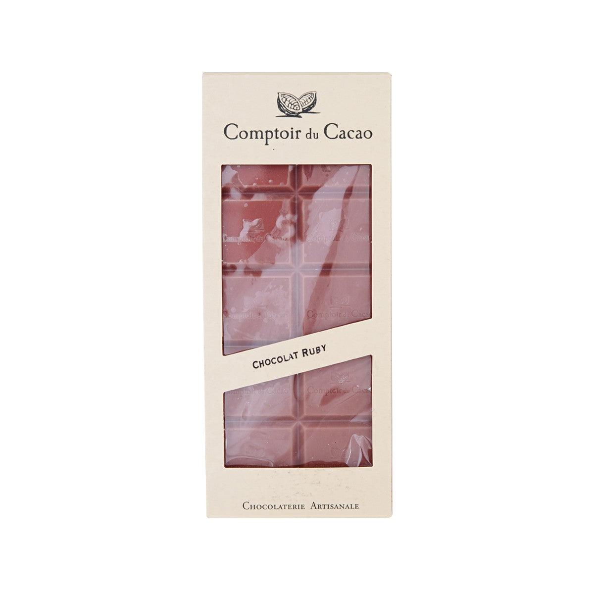 Ruby chocolate bar in retail box, paneled window showing chocolate squares