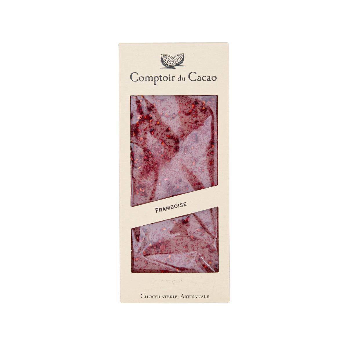 COMPTOIR DU CACAO ruby chocolate bar package with raspberry-themed front window