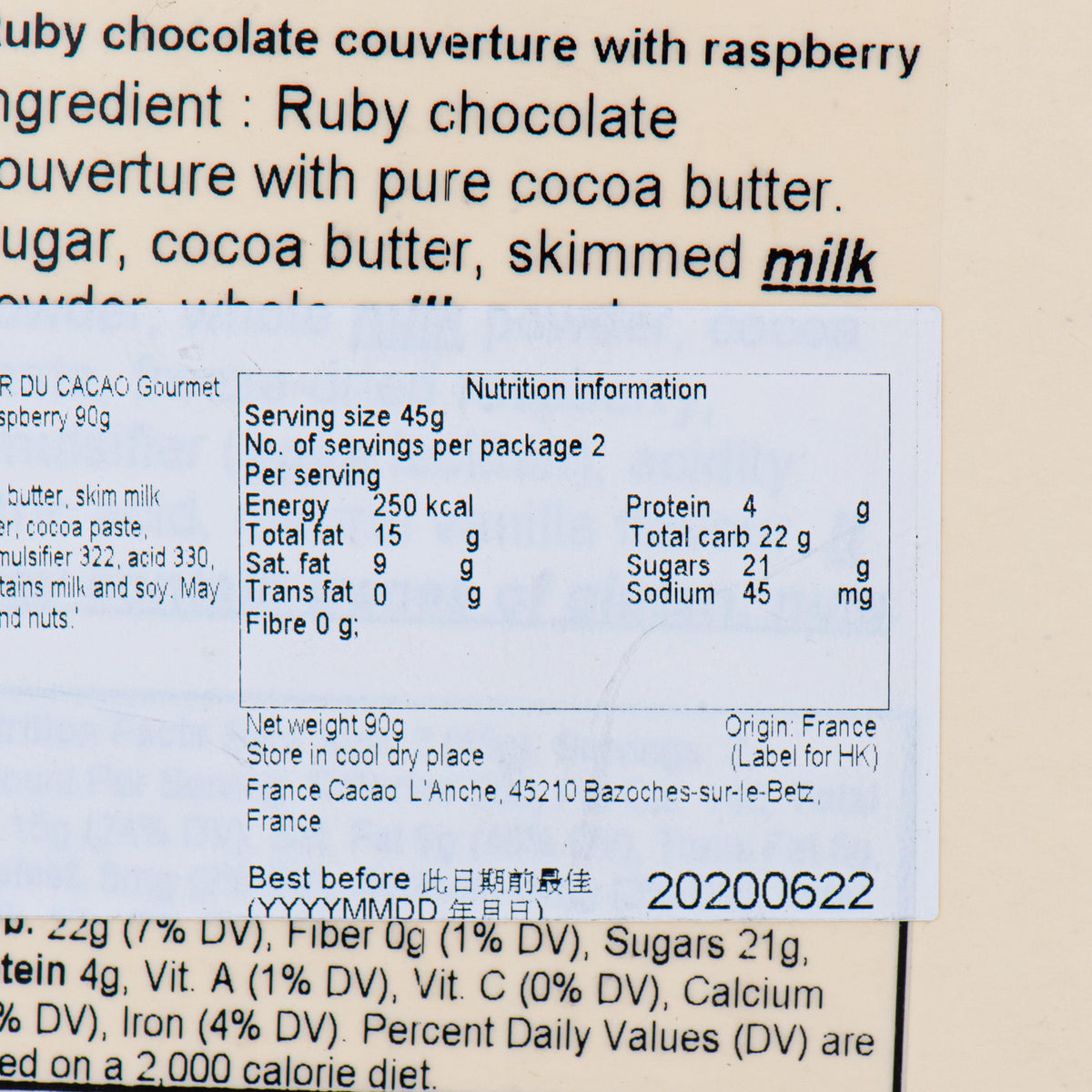 Nutrition information label on ruby chocolate bar packaging