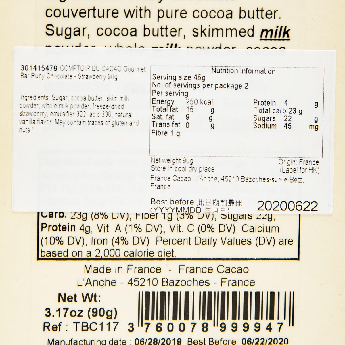 Nutrition facts and barcode on gourmet ruby chocolate strawberry box