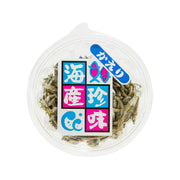 Clear plastic tub of dried Japanese anchovies with blue-and-pink label