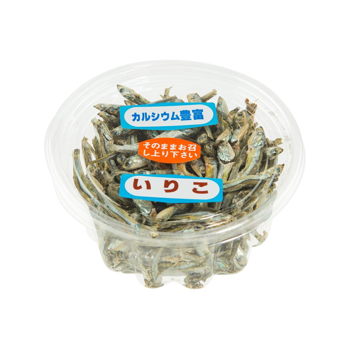 Clear plastic tub of dried Japanese anchovies with blue label and text