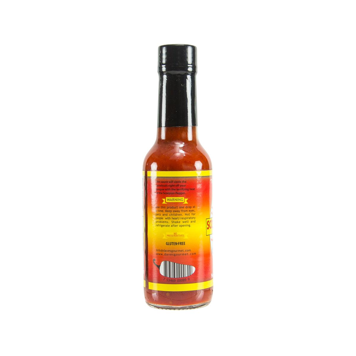 DAVE'S GOURMET Scorpion Pepper hot sauce bottle, back label and barcode, 148mL