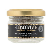 BOSCOVIVO black truffle salt jar with gold lid and printed label
