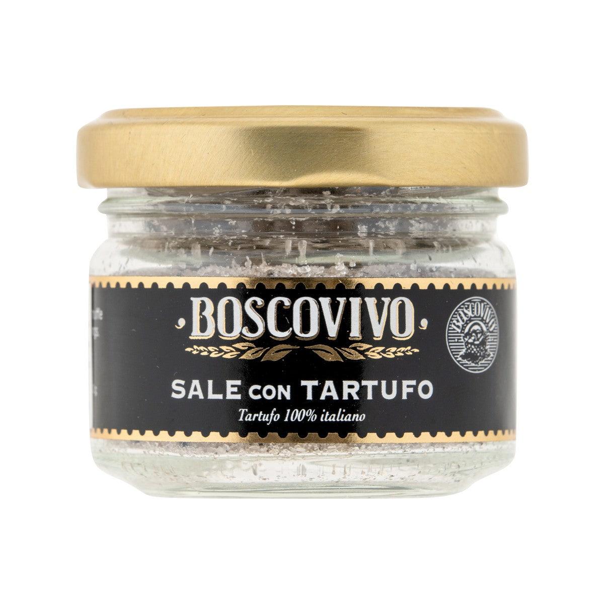 BOSCOVIVO black truffle salt jar with gold lid and printed label