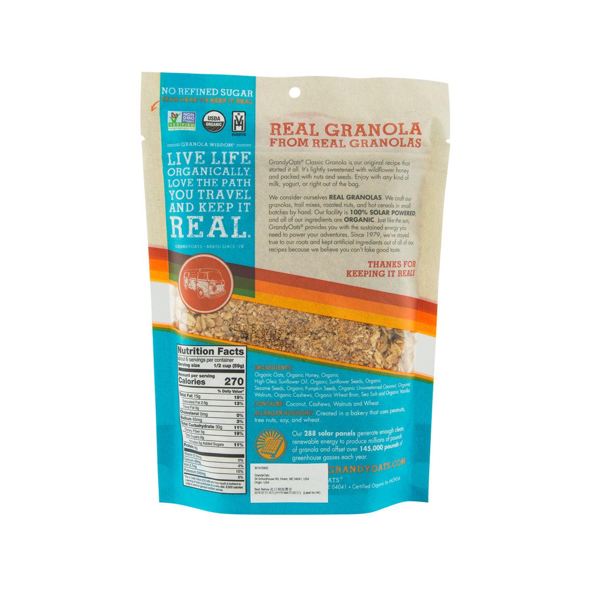 Organic classic granola pouch back with Nutrition Facts and ingredient panel