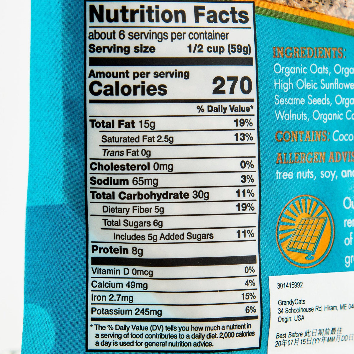 Nutrition Facts label for classic granola with calories and serving size
